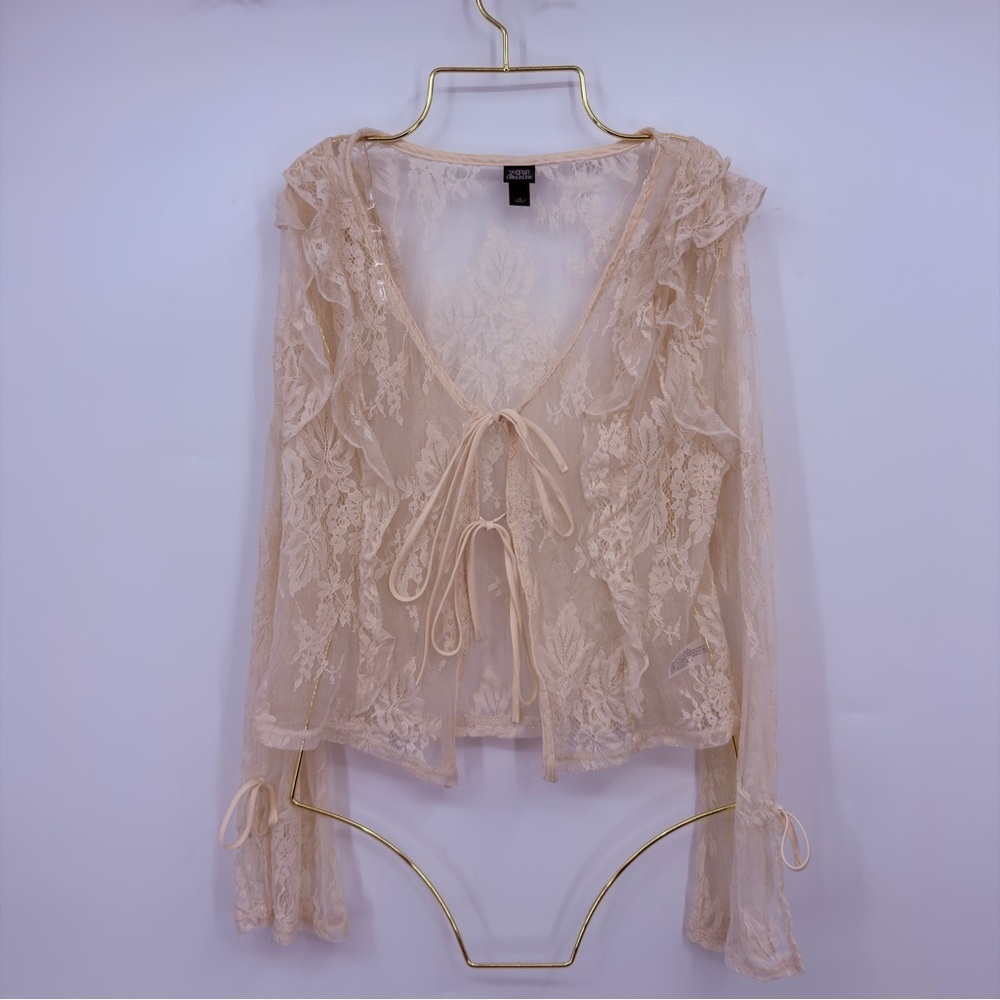 Wild Fable Lace Tie Front Blouse Cream Sheer Boho Top Size M